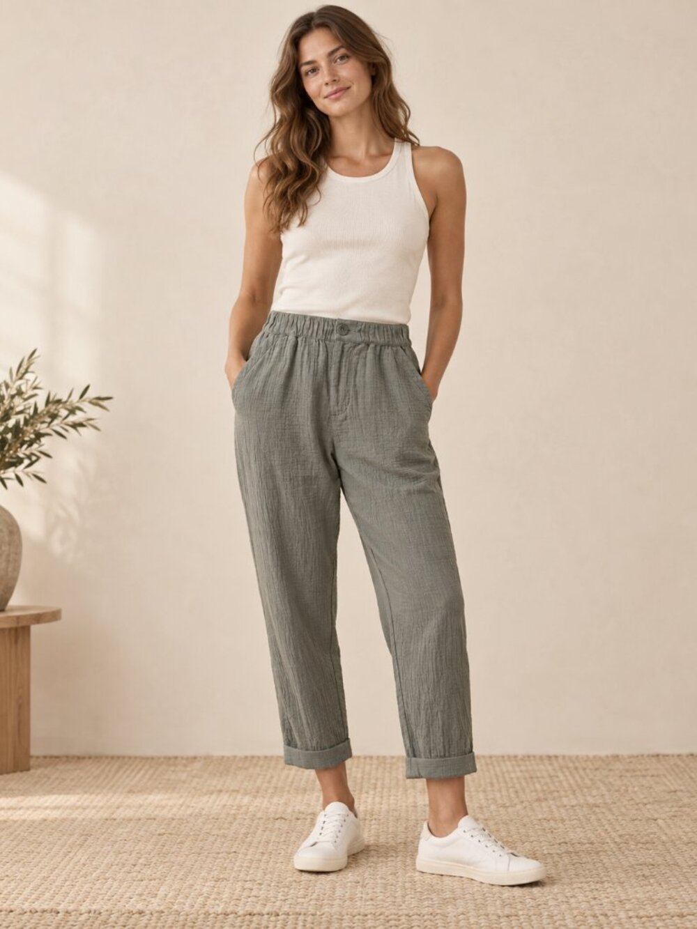 PACT Castor Green Coastal Double Gauze Organic Cotton Rolled Cuff Pants Sz. S